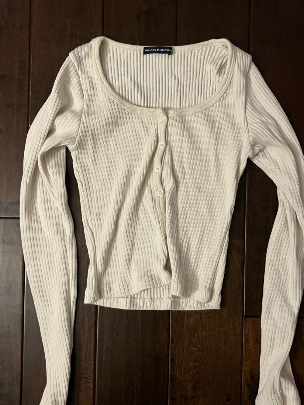 Brandy Melville Cream Ribbed Button-Front Long Sleeve Top